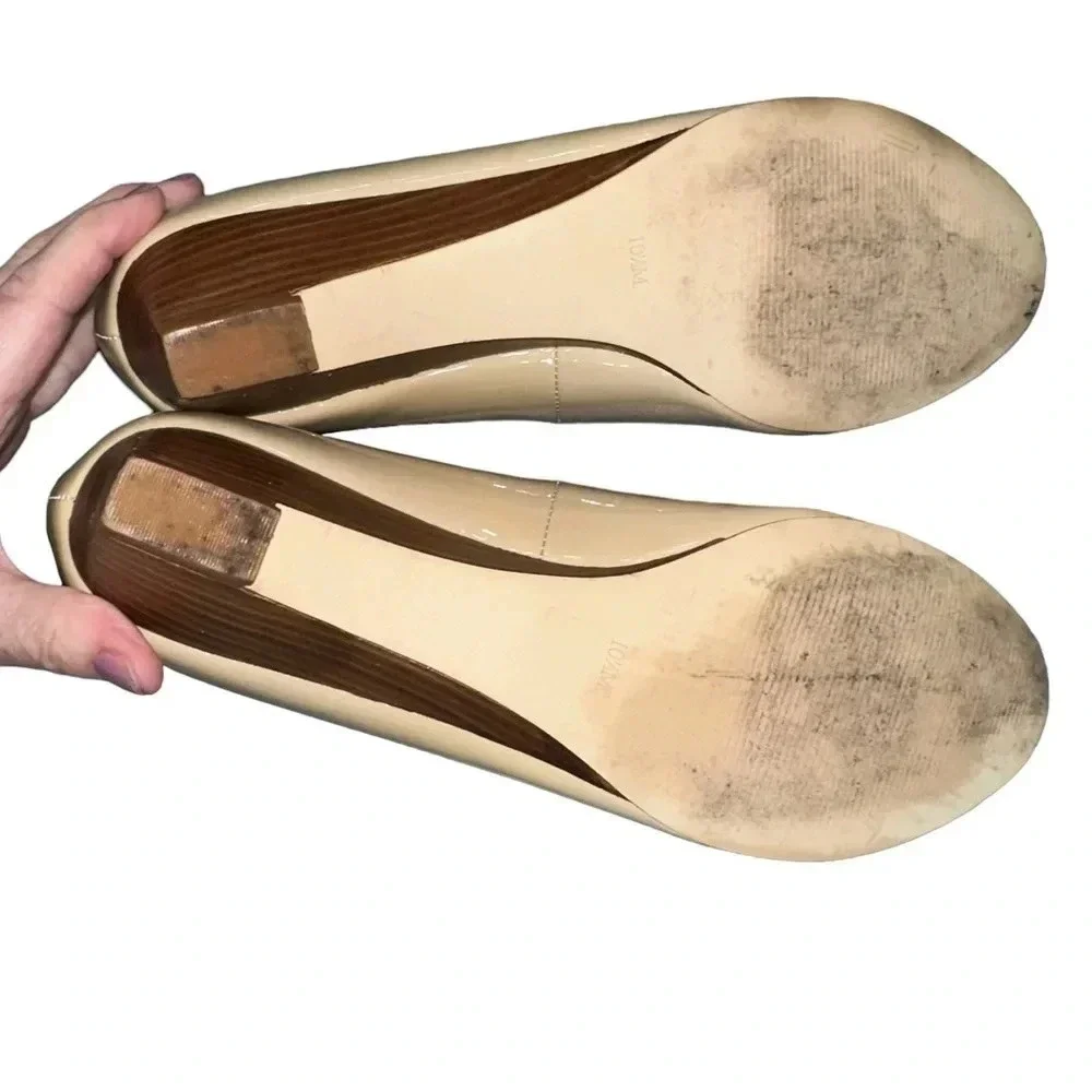 Talbots 10.5 cream patent leather peep‎ toe kitten wedge heel slip on shoes